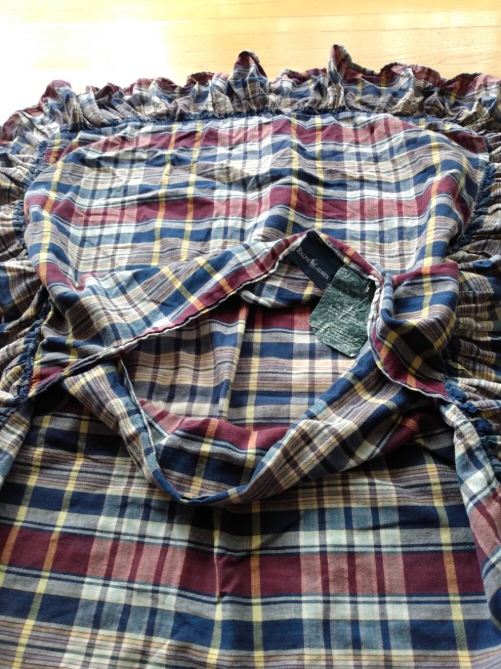 Vintage Ralph Lauren Polo Pillow Sham Madras Plaid Chambray Ruffle - Picture 10 of 14
